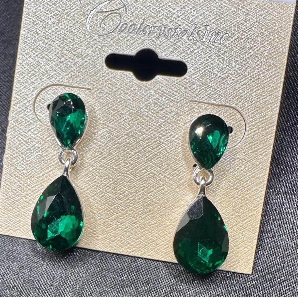 Emerald Green Crystal Drop Earrings Teardrop Dangle Silver Wedding Statement - Picture 4 of 9